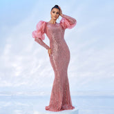 High End Long Sleeve Crew Neck Long Sequined Cocktail Evening Dress Bridesmaid Dress